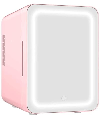 VNIMTI Nevera Skincare con Espejo LED - Frigorífico Mini Portátil Cosmeticos 4L con Doble Voltaje 12V/220V,Función de Enfriar y Calentar, Para Dormitorio/Coche/Oficina (Rosa)