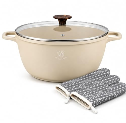 Royal Swiss Faitout 28 cm 6 L Beige, Marmite Aluminium avec Revêtement Marbre Antiadhésif, Couvercle Verre, Induction Tous Feux, Compatible Four avec des gants de cuisine