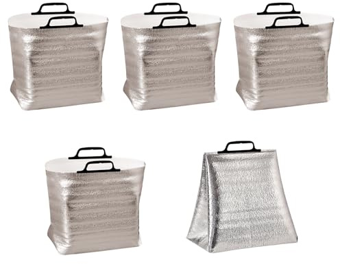 5 stycken isolerad folieväska med handtag, bärväska av aluminiumfolie, termopåse för frys, fraktpåsar för mat, kosmetika 34 x 24 x 33 cm