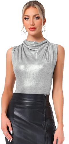 Allegra K Débardeur Métallique Femme Haut Col Bénitier Froncé sans Manches Chemisier Brillant pour Soirée Costume de Noël Argent M