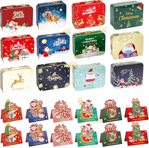 Shinybox Weihnachten Geschenkdosen Set, 12 Stück Weihnachten Keksdose + 12 Stück Weihnachtskarte, Geldgeschenke Verpackung, Keksdose Gutscheindosen, Bonbondose für Party Geschenke