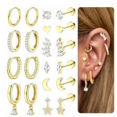 Morfetto 10 par örhängen guld silver helix piercingar kirurgiskt stål studs kreoler örhängen liten CZ blomma conch Tragus piercing öra smycken set kvinnor män, 7 mm (Studs), 8 mm und 10 mm (Creolen