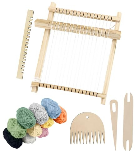 PacuM 14 Piezas Telar 21 x 19,5 cm Incluye un Peine Tejido a Mano y 12 Colores de Lana Telar para Niños de Madera Tejido DIY Loom para Adultos Estudiantes y Principiantes