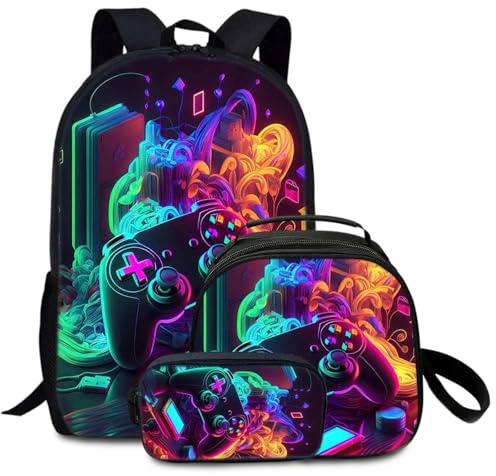 Fakcrkun Gaming Backpack for Boys, 3 Pcs Gaming Themed School Backpack Set with Lunch Bag & Pencil Case,Large Capacity School Bag Waterproof Lightweight Laptop Backpacks for Teenagers & Students