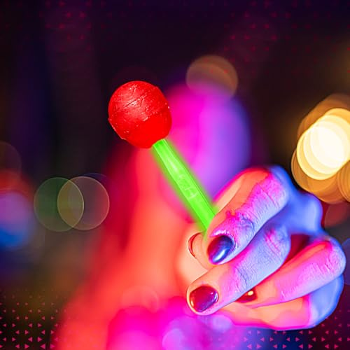Piruletas Neón – Pack 24 | Piruleta luminosa con palo fluorescente que se activa al doblarlo | Sabores Manzana, Cereza y Mora | Ideal para fiestas, bodas, discotecas y eventos