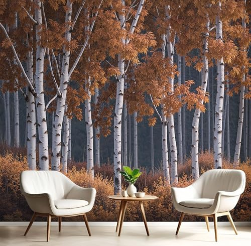 Papier Peint Panoramique Forêt De Bouleaux D'Automne, 250X175Cm (Lxh), Tapisserie Poster Geant Mural Orange Brûlé, Personnalisé 3D Pour Salon Chambre D'Enfants Décoration Murale Plantes Anciennes