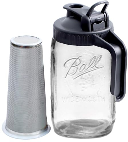 Lawnrden Mason Jar Cold Brew, kit de preparación fría, jarra de vidrio de boca ancha de 32 oz con filtro, jarra de café transparente, café helado con tapa de asa para helado, limonada, té, bebidas