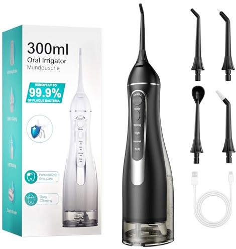 Irrigador bucal inalámbrico, portátil y eléctrico, 4 modos y 4 boquillas, 300 ml, Irrigador oral, ganador de la prueba para eliminar restos de comida y limpiar los dientes, resistente al agua IPX7