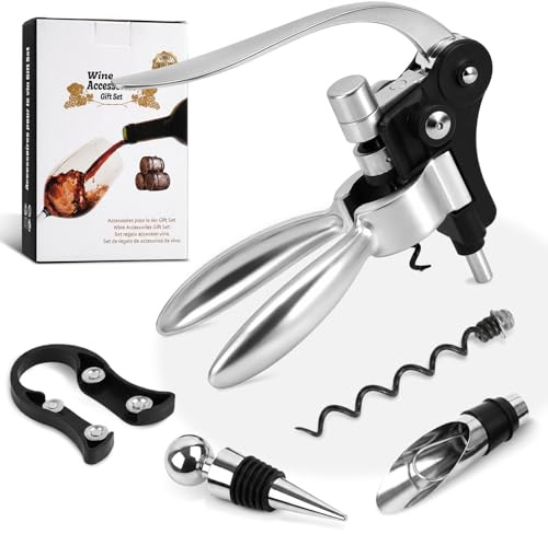Mapille Tire-Bouchon Vin Set 5 Pièces, Ouvre-Bouteille à Levier Manuel en Alliage de Zinc avec Coupe-Capsule, Bec Verseur, Bouchon et Spirale de Rechange, Accessoire pour Vin