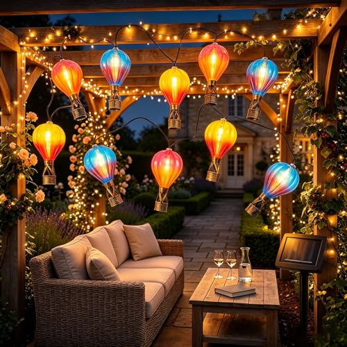 Xheemzce Solar Hot Air Balloon Garden Lights, 2m Outdoor Waterproof IP44 Solar Powered Multicoloured Fairy String Lights with 10 LEDs, for Patio Decor Hanging Lanterns