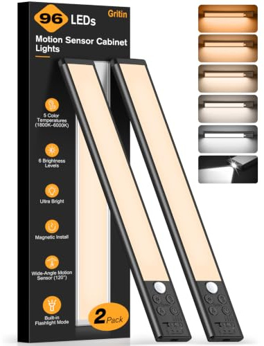 Gritin 2026 Gen 2 Schrankbeleuchtung Unterbauleuchte-32,3cm/2 Pack, Schwarz | 2 in 1 Schranklicht & Torch, Bewegungsmelder, Stufenlos Dimmbar, 5 Lichtfarbe, 6 Helligkeit, 4 Modi, Einstellbar Sensorszeit