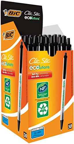 BIC 8806871 Druckkugelschreiber ECOlutions Clic Stic – Schwarzer Recycling Kugelschreiber mit Öko-Label Zertifizierung – Schachtel à 50 Stück