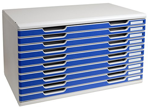 Exacompta - Ref 324003D - MODULO A3 - Lådhurts med 10 stängda lådor för A3+ dokument - Utvändiga mått: Djup 35 x Bredd 57,6 x Höjd 32 cm - Ljusgrå/blå