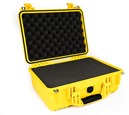 PELI 1450 Maleta de transporte resistente para componentes electrónicos, instrumentacion, herramientas, IP67 estanca, 15L de capacidad, fabricada en Alemania, con espuma personalizable, Color Amarillo