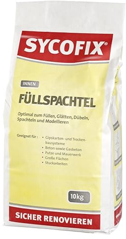 Sycofix Füllspachtel innen 10 kg, Füllen, Glätten, Spachteln, Dübeln und Modellieren, Gipskarton- und Trockenbausystemen, Beton, Putze, Mauerwerk, auch für Stuckarbeiten. Für innen, mit hohem Weißgrad