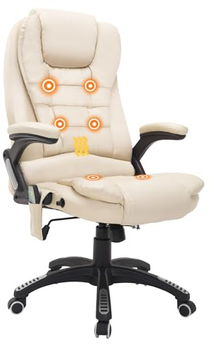 HOMCOM Poltrona da Ufficio ad Altezza Regolabile, Poltrona Massaggiante a 6 Punti Vibranti e Riscaldato, in PU, 62x68x111-121 cm, Beige