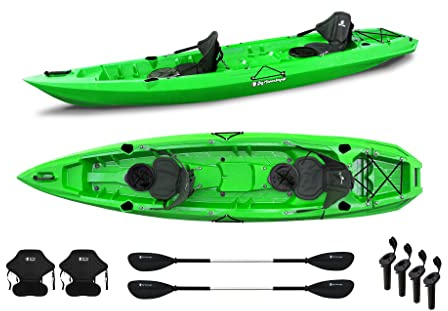 Kayak Biposto Mojito Big Mama - 2 + 1 posti, lunghezza 380 cm, ruote integrate (Verde, 2 Pagaie, 2 Seggiolini e 4 portacanne fishing)