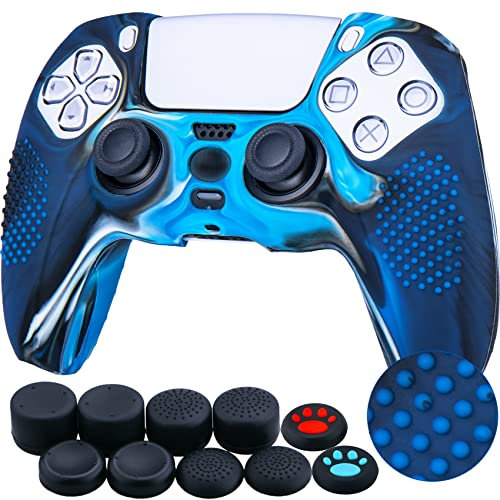 YoRHa Points Housse Coques Autocollants en Silicone Skin Cover pour PS5 Dualsense Manette (Bleu Camouflage) x 1 avec Prises de Pouce x 10