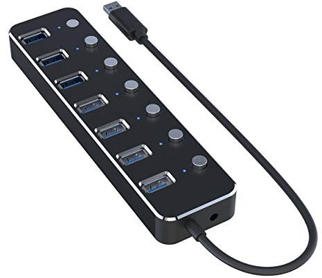 LITTONE® Powered USB 3.0 Hub Aluminum Black 7 Port USB 3.0 Data Hub with 5V/2.4A Power High-Speed Extension Hub with Individual On/Off Switch & LED LM-TC51# (Black)