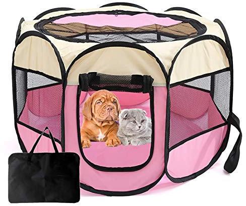 Faltbarer Welpenlaufstall Tierlaufstall Hundehütte Laufstall Für Hunde Katze,Faltbar Haustier Zelt, 8 Mesh Panel Hundehütte Welpenauslauf Katzenhaus Für Hunde Hasen Meerschweinchen Katzen,Rosa,M