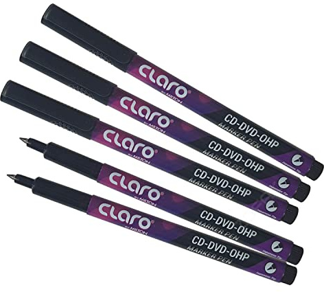 CLARO Permanent Marker Pens, BLACK, Fine Tip, Pack of 5, CD-DVD-OHP Markers, UV Resistant, Waterproof Ink, Long Cap Off, ZOFAX Black Ball Pen
