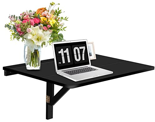 COSTWAY Väggmonterat Fällbord 80x60 cm i MDF och Furu, Utrymmesbesparande Svart Vägghyllbord med Två Viklägen för Kök, Matsal och Arbetsrum