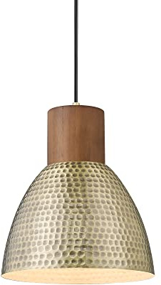 ELYONA Vintage Hammered Pendant Light Fixture, 7” Small Brushed Brass Metal Hanging Light Solid Wood Antique Gold Pendant Lamp for Kitchen Island, Farmhouse, Dining Room, Adjustable Height