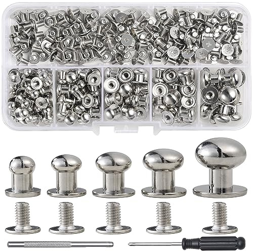 YORANYO Set di 120 bottoni a testa rotonda, dimensioni assortite, per pelle, Chicago, viti e borchie, rivetti in pelle argentata per riparare vestiti, scarpe, cinture, borse, collari per cani