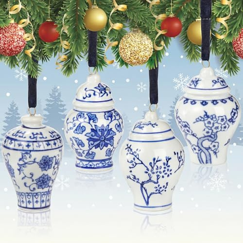 Goaste 4 Pack Mini Ginger Jar Ornaments, Christmas Hanging Pendant, Chinoiserie Ceramic Hanging Ornaments, Blue and White Porcelain Christmas's Tree Decor for Christmas, Home Decoration