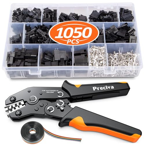 Preciva Wire Crimping Tool Connector kit, 1050Pcs JST-SM Connectors Set, AWG28-18/0.08-1mm² Ratcheting Crimper Tool for Dopont, Molex, ATX, JST Series