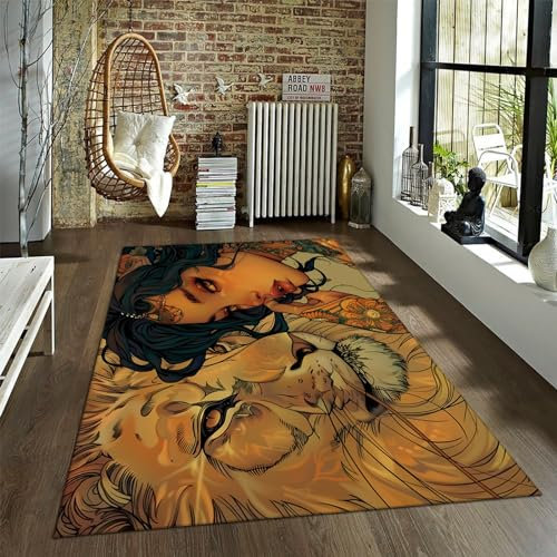 Schwarzer Frauenbereich Teppich Löwe und Mädchen pflegeleichter Teppich Cartoon ideal für stark frequentierte Bereiche für Jungen und Mädchen in Spielzimmer Ästhetik Dekor 150x200cm