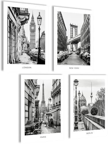 Mojoliving Schwarz Weiß Bilder - New York, Berlin, London Skyline Wandbild Poster