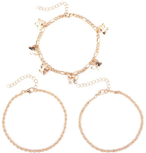 Mikovivi 3 Stück Fußkettchen für Damen, Wasserdichte Fußkettchen aus Metalllegierung für Damen Goldenes Fußkettchen mit Schmetterlingsanhänger Fußkettchen Set Fußschmuck für Damen