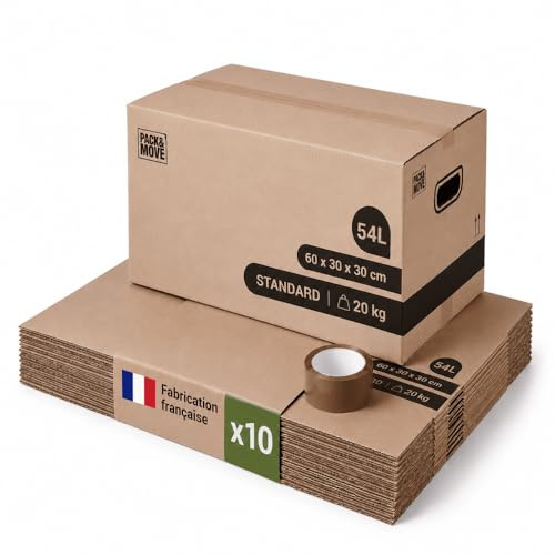 Pack and Move – Set mit 10 Standard-Umzugs-Aufbewahrungsboxen – 60 x 30 x 30 cm – verstärkte Griffe – 1 gratis Kleber