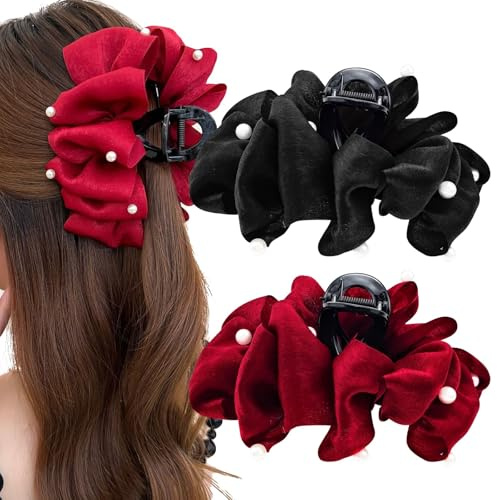 2 PACK Chiffon Silk Hair Claw Clips with Large Pearl and Bow-knot, Nonslip Clamps for Thick and Thin Hair Barrettes for Women