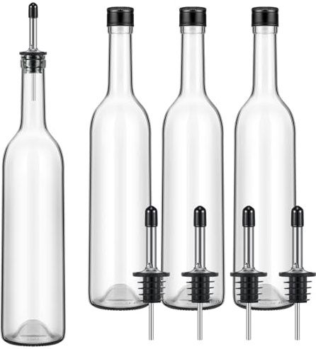 Maxdot 4 Pcs Long Neck Bottle with Pourer 750ml Glass Liquor Bottle juice Pour Bottles Syrup Bottles Glass for Home Wine Liquor Juice Making Wedding Anniversary Party (Stainless)