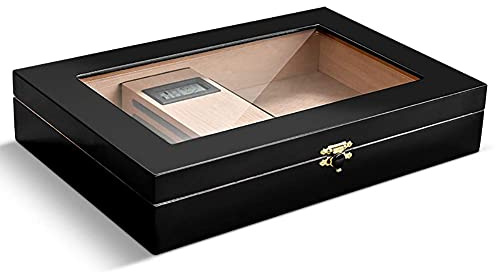MRKU Humidor für Zigarren auf dem Schreibtisch, Aufbewahrungsbox für Zigarren aus Zedernholz, gut versiegeltes Design, mit Ablage und Verstellbarer Trennwand, Glas-Hygrometer-Luftbefeuchter