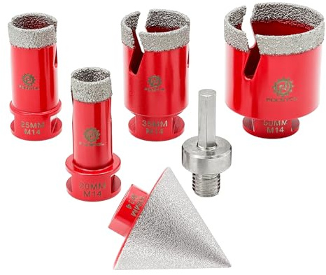 Kit Trepan FOCSTOL - Scie Cloche pour Porcelaine, Marbre, Granit - 6 Pièces (20/25/35/50mm + Mèches Chanfrein Biseautées + Adaptateur)