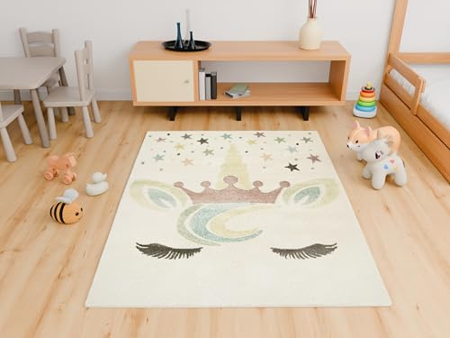 AKCILA Lima Cremig Einhorn, Krone 140x190 cm Kinderzimmer Teppich, Babyzimmer Tepich, Kurzflorteppich Schlafzimmer,Teppiche Gegend, Dekorativ Kids Carpet, Kinderteppich, Spielteppich, Tepich Mädchen