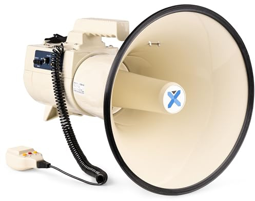 Vonyx MEG150 - Akku Megafon mit Sirene und Mikrofon, Bluetooth, Aufnahmefunktion, Proffesionelles 150W Megaphon mit Mikrofon, bis 2000 Meter, USB, SD, MP3 & AUX, Megaphon mit Umhänge-Gurt, Beige