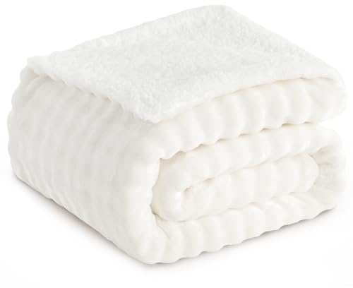 RUIKASI Bubble Sherpa Fluffy Throw Blanket Double - White Winter Blanket Double Bed Thick Warm Throw for Sofa Double/Twin Size 150x200 cm