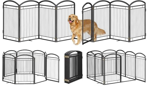Full Metal Free Standing Dog Gate with Door for Indoor Outdoor, 192'' Extra Wide 36'' Tall Dog Gate for Doorways,Large Openings,Decks,Pet Puppy Freestanding Safety Fence(8 Panels,Black)