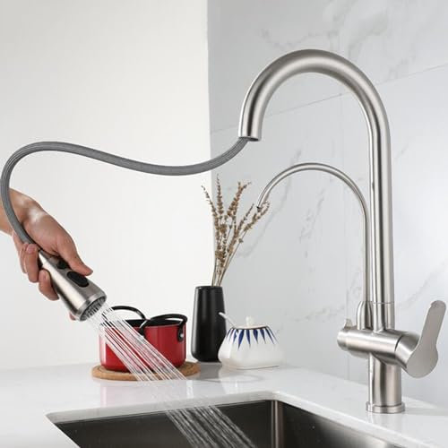 Küchenarmatur 3-Wege, Küchenarmaturen ausziehbar, Edelstahl, 360° drehbar, Teleskopbrause, 3-in-1-Wasserhahn, gebürstet