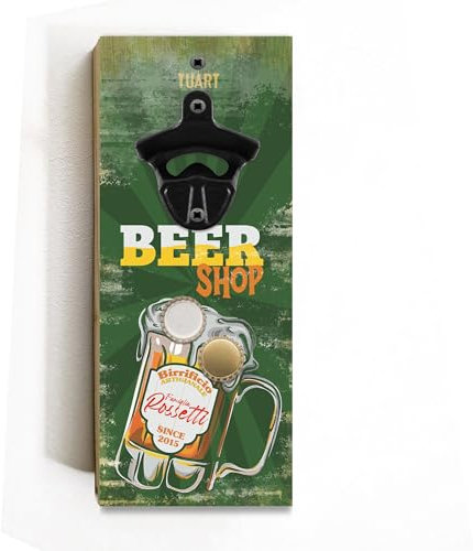 Apribottiglie da Parete Magnetico in Legno,personalizzabile con nome,Design Beer Shop Vintage,Fatto a Mano in Italia