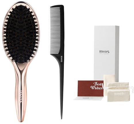 RHOS Boar Bristle Hair Brush, Soft Natural Bristle Brush for Short & Oily Hair, Smooth & Add Shine, Set Includes Rat Tail Comb, Storage Bag (0.394inch Bristle)