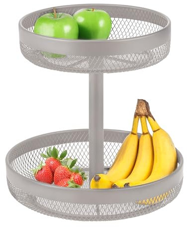 eluno Bandeja redonda de 2 pisos para frutas/panera, bandeja de frutas, fruta, cesta de metal, mucho espacio para el almacenamiento ordenado de frutas, verduras, pan y aperitivos en la cocina y el