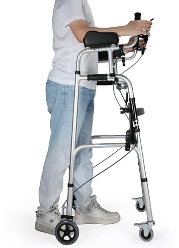 Déambulateur robuste pour personnes âgées – Aide à la mobilité pliable à 4 roues avec siège en cuir de luxe et accoudoirs doubles | Utilisation en intérieur/extérieur