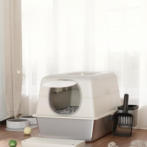 UNIONLINE Stainless Steel Cat Litter Tray with Lid, Metal Enclosed Cat Litter Box with Dual Doors, Scoop, Mat & Steps, Easy Cleaning for Large Cats, White