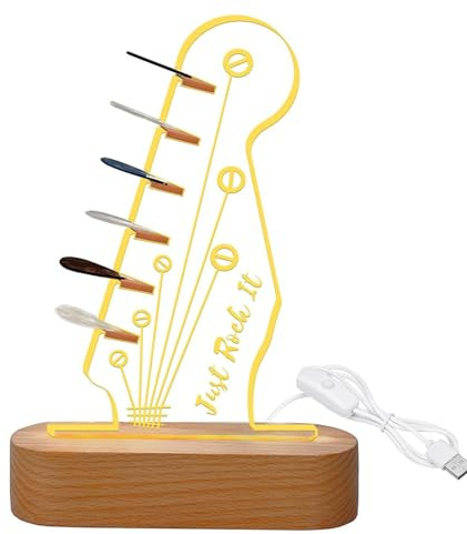 Syfunlv Light Up Guitar Pick Holder,Support en Acrylique en Forme de Tête de Guitare Électrique,Support De Médiator De Guitare Lumineux avec Base en Bois,pour Le Stockage et L'affichage (Style 2)