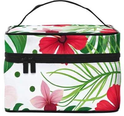 Trousse de maquillage de voyage avec feuilles de palmier vertes – Organiseur de toilette portable avec compartiments zippés pour pinceaux, bouteilles et soins de la peau